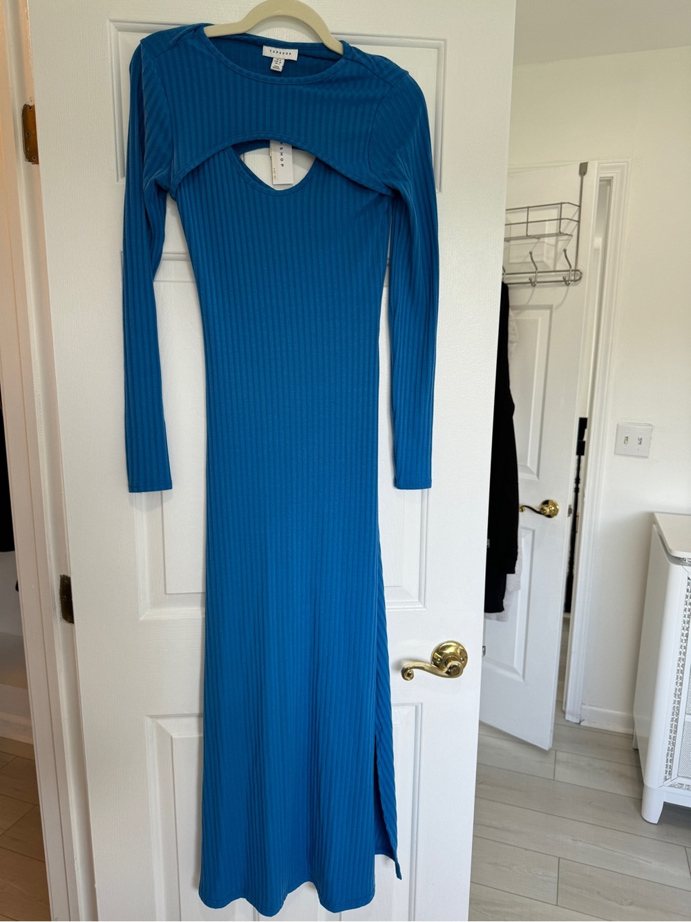 Authentic Topshop Teal/Blue Ribbed Long-Sleeve Maxi Dress with Front Cutout